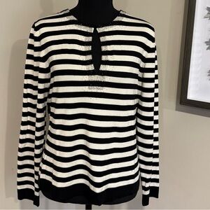 Talbots Silk Black and Cream Striped Long Sleeve Knit Top